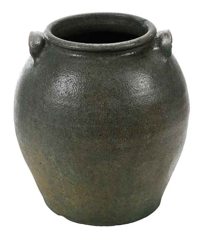Edgefield Stoneware Storage Jar: possibly attributed to Lewis Miles, Stoney Bluff Manufactory, Horse Creek Valley, Edgefield District, circa 1850's, possibly made by Dave Drake, mottled under fired greenish brown alkaline glaze, bulb