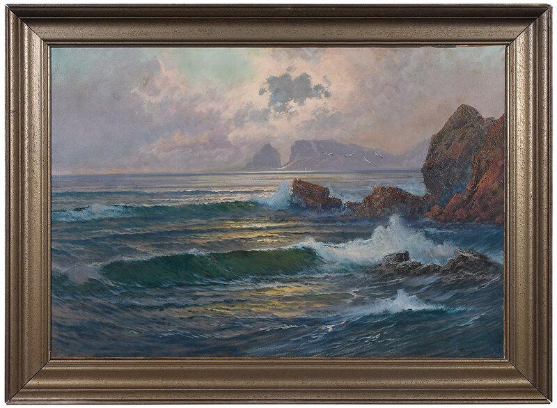 Frederick Judd Waugh: (American, 1861-1940)Sunset at the Shore, signed lower right "FJWaugh", oil on canvas, 27-3/4 x 39-1/4 in.; period carved gilt wood frame, 34-1/4 x 45 in.[fine art wingard] - Provenance: Collection of
