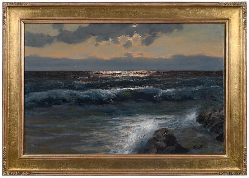 Frederick Judd Waugh: (American, 1861-1940)Sunset Over the Sea, signed lower right "FJWaugh", oil on canvas, 23-3/4 x 35-1/2 in.; reproduction carved gilt wood and composition frame, 30-3/4 x 42-1/2[fine art wingard] - Pro