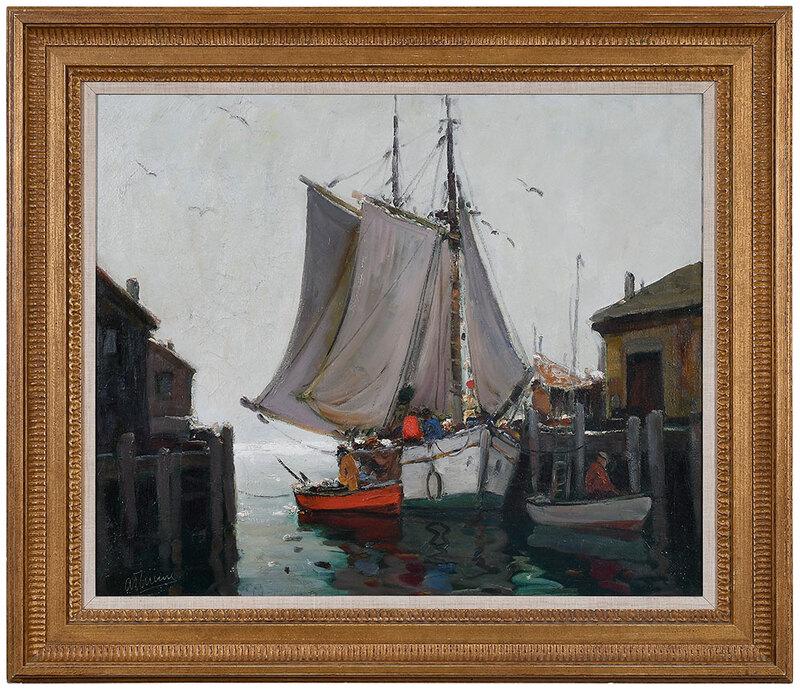 Anthony Thieme: (American, 1888-1954)Wharf Scene, signed lower left "A. Thieme", titled, stamped canvas verso, numbered 434, oil on canvas, 25 x 30 in.; carved gilt wood and composition frame, 33 x 38 in.ÿ[fine art