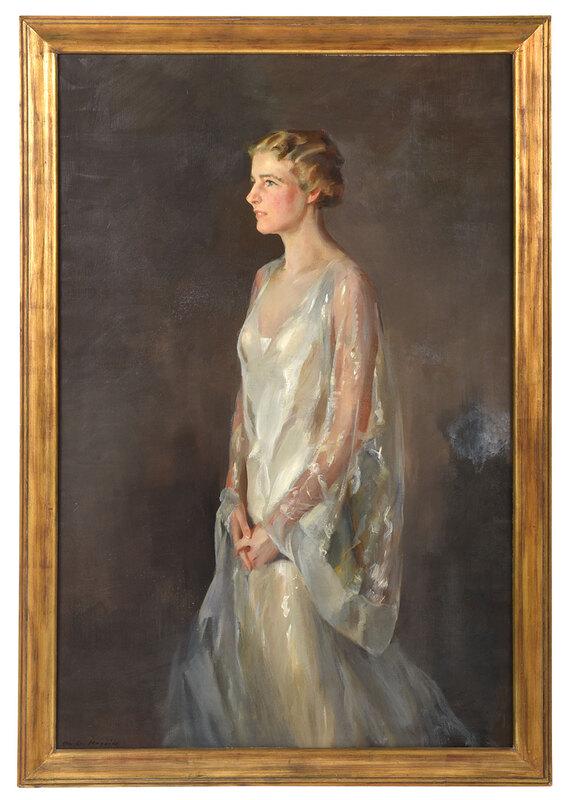 Ben Ali Haggin: (New York, 1882-1951)Portrait ofÿEllen H. Farnsworth Loomis, signed lower left "Ben A, Haggin", oil on canvas, 60 x 40 in.; gilt wood frame, 66-1/2 x 46-1/2 in.Note: It is possible this painting hung