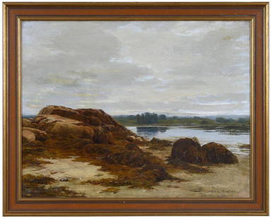 William Lamb Picknell: (American, 1853-1897)Shoreline, signed lower right "Wm. L. Picknell", oil on canvas, 28-1/4 x 36 in.; reproduction painted and gilt wood frame, 33-1/2 x 41-1/2 in.Note: The landscape in this scene res