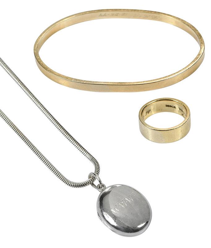Two Pieces Tiffany & Co. and 14kt. Bracelet: Tiffany & Co. wedding band, stamped "18KT, Tiffany & Co." and with personal engraving, yellow gold, 6.3mm wide, size 5, 7.3 grams; Tiffany & Co. locket necklace, oval locket stamped "Tiffany & Co., 92