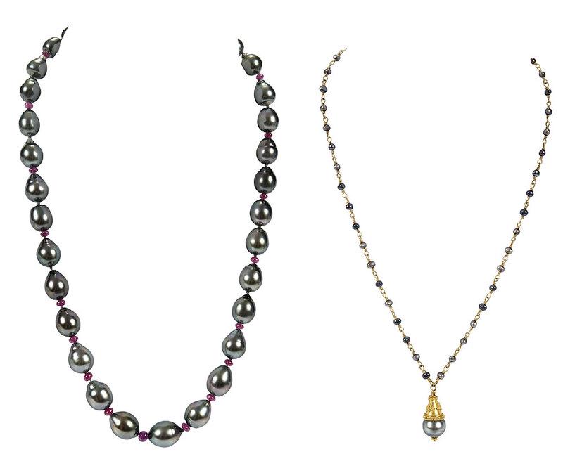 Two Gold Tahitian Pearl Necklaces: knotted, baroque Tahitian pearls ranging from approx. 10.5 x 8.5 to 15 x 11mm, ruby beads, clasp with round faceted rubies and sapphires, stamped "14K", white gold, 19 in. lg., 55.8 grams; small Tahit