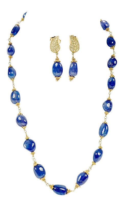 18kt. Tanzanite Necklace and Earrings: earrings, leaf design, tanzanite beads approx. 14 x 11mm, leaf component tested 18kt., backing stamped "18K", yellow gold, 1-1/2 x 3/8 in., 12.7 grams; necklace, 19 irregular shaped tanzanite beads ra