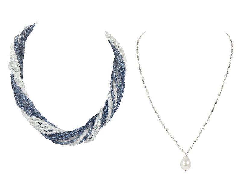Two Bead Necklaces: pearl beads, one baroque pearl drop approx. 15 x 11mm, clasp and wire wrapping tested platinum, drop 3/4 in., 16-1/4 in. lg., 10.6 grams; moonstone and iolite bead torsade, clasp tested 14kt. white go