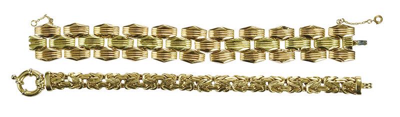 Two Gold Bracelets: flattened Byzantine link, stamped "ON, 14K", yellow gold, 3/8 in. wide, 7 in. lg., 16.7 grams; two-tone links, tested 18kt. yellow and rose gold, 7/8 in. wide, 7 in. lg., 31.2 gramsÿ - Provenance: Pr