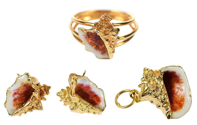 14kt. Conch Shell Set of Jewelry: ring, earrings, pendant, enamel, shells and ring shank tested 14kt. yellow gold, ring size 5, earrings 1/2 x 1/2 in., pendant 7/8 x 3/4 in., 14.0 gramsÿ - Provenance: Roger and Thomas Ltd.