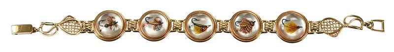 14kt. Reverse Crystal Bracelet: fly fishing themed crystals and links, stamped "14K" and with maker's mark, yellow gold, 3/4 in. wide, 7-1/2 in. lg., 32.2 grams - Provenance: Roger and Thomas Ltd.