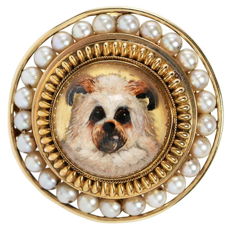 14kt. Reverse Crystal Brooch: and pendant, image of a terrier, pearl beads, stamped "14K" and with maker's mark, 1-1/4 in., 11.5 grams - Provenance: Roger and Thomas Ltd.