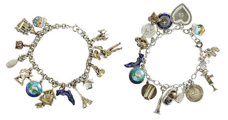 Two Silver Charm Bracelets: 27 assorted charms, most marked "Sterling" or "800", few base metal, clasps stamped "Sterling", 7 in. lg. each, 77.7 grams - Provenance: Private Collection, Atlanta, GA
