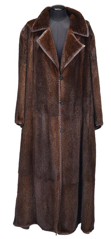 Full Length Fendi Mink Fur Coat: 20th century, label for Fendi, reversible, leather trim and lining, button closures, approximate size large, length 56 in. - Provenance: Private Florida Collection