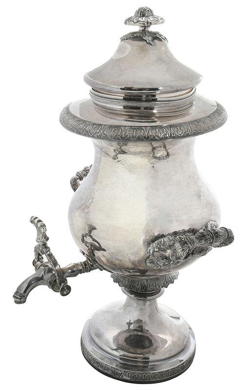 American Coin Silver Hot Water Urn: Philadelphia, urn form, two handle, shell spout finial, die rolled borders, monogram, marks for R. & W. Wilson (Philadelphia, Pennsylvania, working 1825-1846),ÿ83.84 oz. T., 16 in.ÿ - Provenance: Ca
