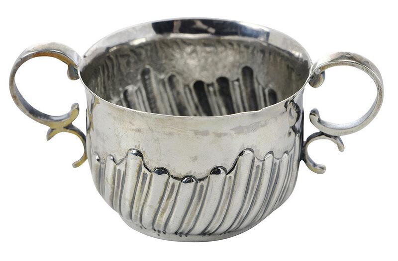 George III English Silver Two Handle Cup: London, 1766, gadroon base with scroll handles,ÿmarks for IS & AN,ÿ.925 fine,ÿ1-1/2 in.ÿ - Provenance: William Walter, London, England, October 1, 1990; Private Collection, Charleston, South Carol