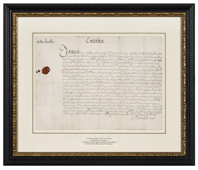 A Rare 17th Century South Carolina Document: dated September 8, 1688, signed by Barnard Schenckingh (circa 1648-1692) High Sheriff and Chief Judge, a warrant or commission issued by the Court of Pleas to William Dunlop, Robert Gibbes, and James 