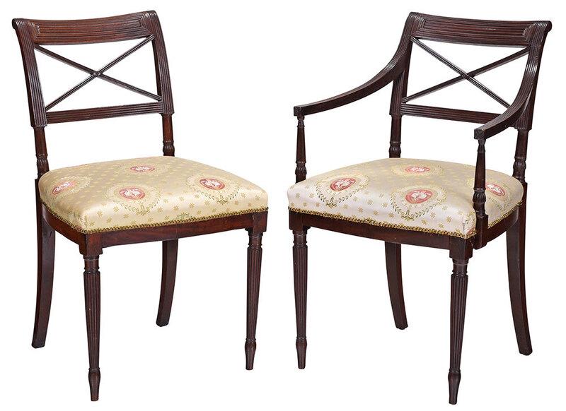 Two Matching New York Federal Dining Chairs: 1800-1810, comprising a matching mahogany armchair and side chair, each with reeded crest over X form back, turned and reeded legs, over the rail upholstery with brass tacking, overall height 33-1/2 i