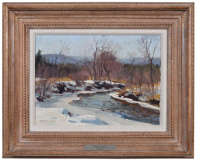 Bernard Corey: (Massachusetts, 1914-2000)Winter Scene, signed lower left "Bernard Corey", oil on canvasboard, 10 x 14-1/2 in.; carved bronze finished frame, 16-3/4 x 20-1/2 in. - Provenance: Private Collection