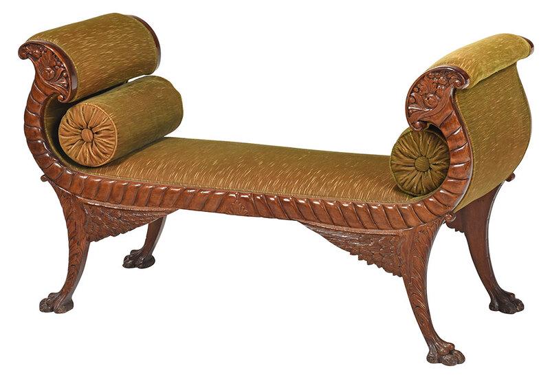 Classical Cornucopia Carved Mahogany Window Bench: probably late 19th century, with cornucopia arms, on boldly gadrooned seat frame, hairy paw feet with winged returns, 27-1/2 x 47 x 18-1/2 in. - Provenance: The Estate of William N. Banks, Jr., Newnan
