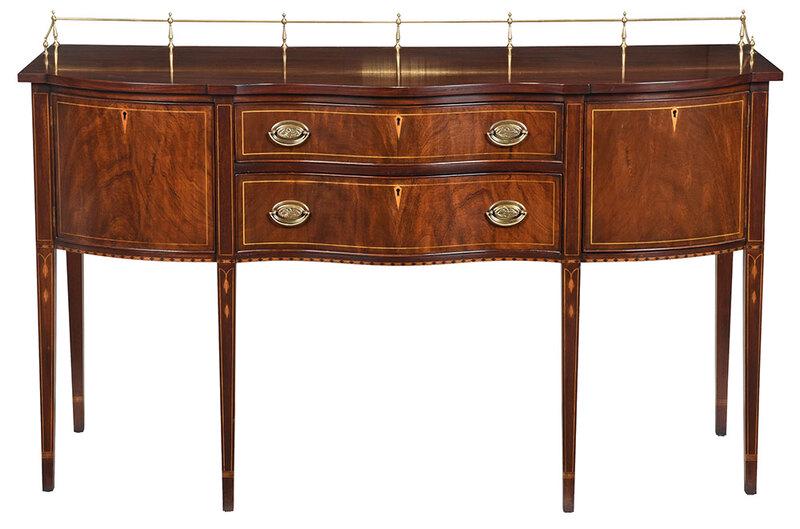 Federal Style Inlaid Mahogany Sideboard: branded mark for "Henkel-Harris Virginia Galleries", 20th century, serpentine form with brass gallery, two drawers and two doors, top drawer with felt cutlery divider, bellflower inlaid legs, 41-3/4 x