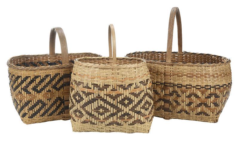 Three Cherokee River Cane Baskets: North Carolina, Qualla Boundary, all carved lock handles and colors for walnut and blood root, overall 13 x 9 in. to 15 x 15 in. - Provenance: North Carolina Collection