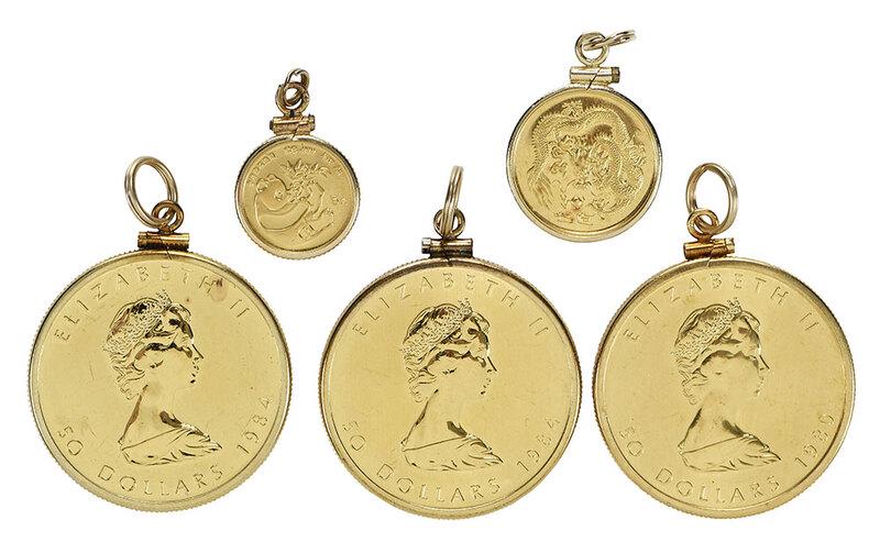 Three Gold Maple Leafs, Two Gold Asian Coins: Canadian one ounce gold Maple Leafs, 1980, 1984 (x2); 1988 tenth ounce gold Singapore "10 Singold"; 1984 twentieth ounce gold Panda "5 Yuan",ÿtotal 3.15 oz. T.,ÿin bezels (bezels not checked for com