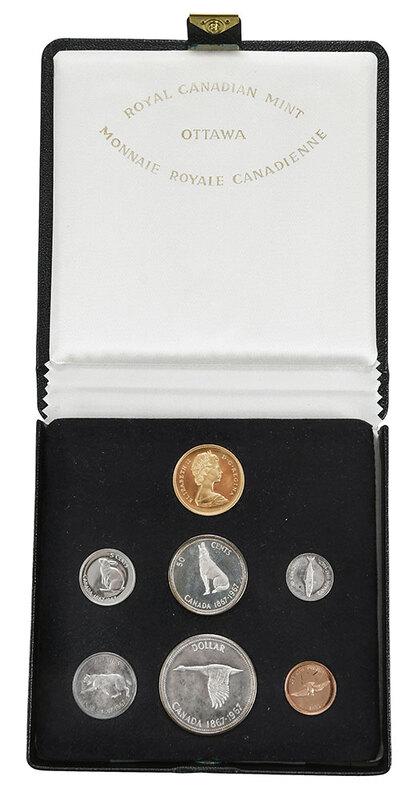 1967 Canadian Centennial Set with $20 Gold: seven coin set, one year types featuring animal themed reverses, original box - Note: The $20 gold coin included in this set contains over half a troy ounce of gold.Due to an Executive Order signed by