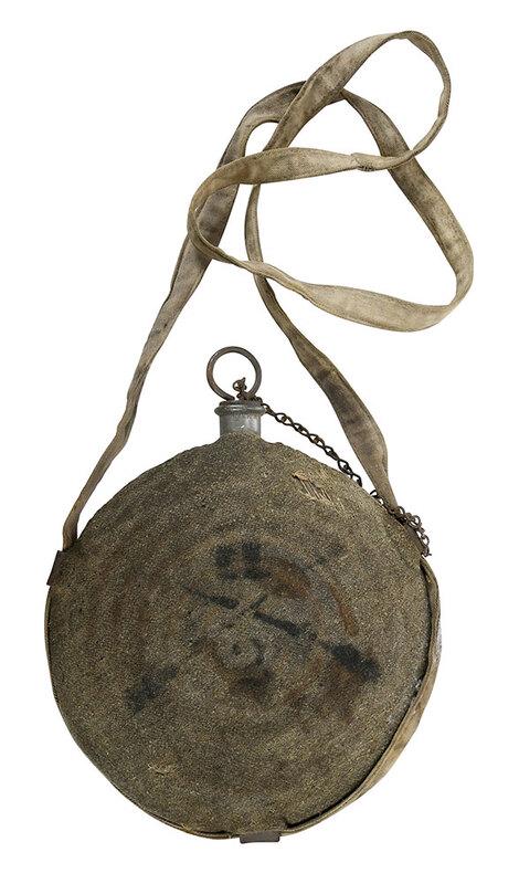 Civil War Era Canteen with Fabric Cover: mid 19th century, spout marked "Hadden, Porter, & Booth, Phila.", cover with stamped image of crossed rifles above numeral "2", cloth sling stamped "New Jersey" at interior, canteen diameter 8 in.ÿ -