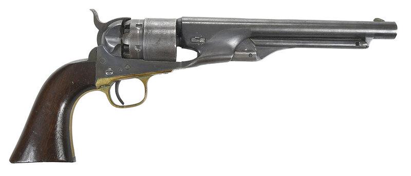Colt Army Model 1860 Revolver: serial number 27831 stamped in four different spots under frame, circa 1862, .44 caliber percussion revolver, cylinder engraved with The Naval Battle of Campeche inscribed " ENGAGED 16, MAY, 1843", cy