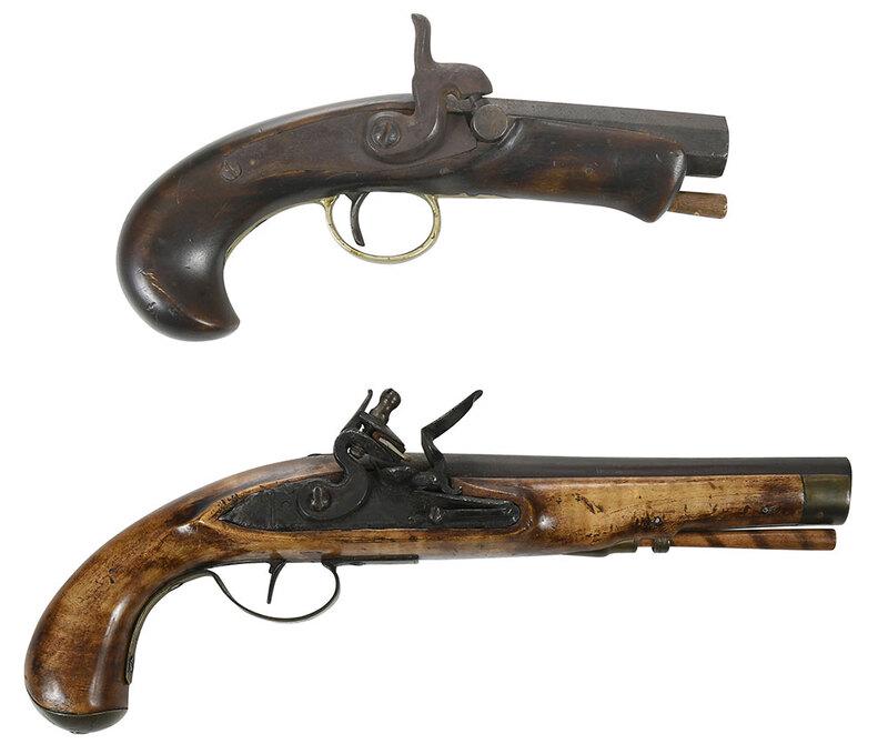 Two Early American Flintlock Pistols: one of Kentucky or Pennsylvania make, circa 1800, round 6-3/8 in. barrel, likely .40 caliber smooth bore, unsigned lock plate, engraved brass side plate, trigger guard, and butt cap, brass rear ramrod