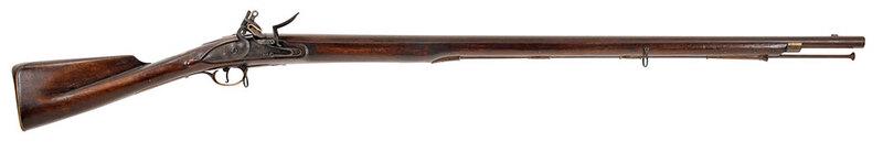 Reproduction British Brown Bess Flintlock Musket: 41-1/2 in. smooth bore barrel, marks include "US" at top of barrel, "THOMSON" at sideplate, brass trigger guard, overall length 58 in. Npte: Likely reproduced in the 1970's to celebrate the United Sta