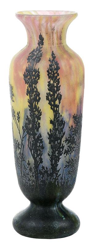 Daum Nancy Art Glass Cameo Landscape Vase: French, 20th century, cameo cut landscape against sunset hues of yellow, orange, purple, and blue, inscribed on base "Daum Nancy" with Cross of Lorraine, 10-3/4 in. - Provenance: Private Collection, C