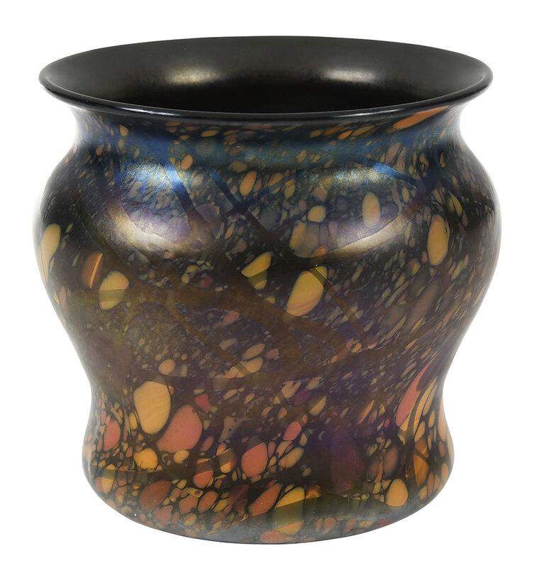 Fenton Mosaic Vase: American, early 20th century, mottled iridescent glass with a satin finish, in threaded shades of orange and dark blue, dark gray interior, unsigned, 5 in. - Provenance: Private Collection, Norwalk, C