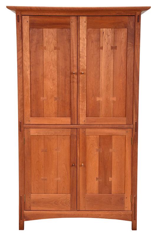 Arts and Crafts Style Stickley Cherry Cabinet: branded mark and metal tag for Stickley, early 21st century, cherry throughout, with four paneled and butterfly decorated doors, upper doors opening to a pull out TV stand, lower doors opening to two 