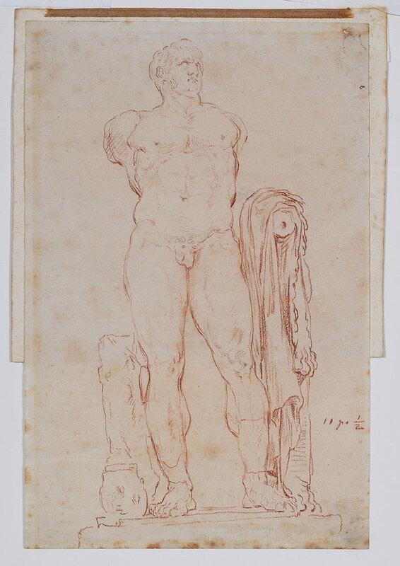 French School Old Master Drawing: (18th century or possibly earlier)A Statue of Hercules,ÿattributed on portion of older backing to Hubert Robert (French,ÿ1733-1808), inscribed lower right, inscribed in ink verso "T.A. Maglin 1900",