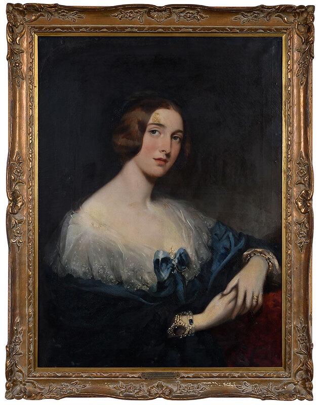 British School Portrait: (19th century)Portrait of a Woman in a Blue Gown, said to be Lady Caroline Reed (frameplate), circa 1845, unsigned, oil on canvas, 38 x 28-3/8 in.; modern gilt wood and composition frame, 44-1/2 x 34-