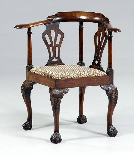 Irish Chippendale corner chair,: carved mahogany, pierced splats, carved cabriole legs with hairy paw feet, probably Irish, 18th century, 33-1/2 x 26 x 26 in. Good condition overall, four original knee returns and four replaced, slip