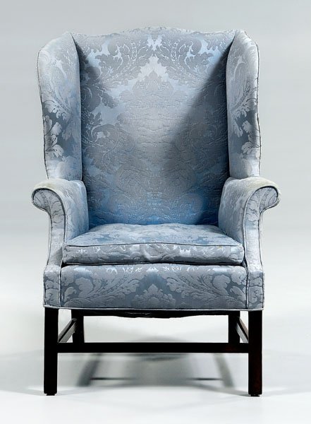 George III mahogany wing chair,: arched crest and rolled arms, chamfered square legs with H stretcher, upholstered, British, late 18th century, 45 x 32 x 30 in. Cracks and minor repairs to legs, upholstery generally good condition, n