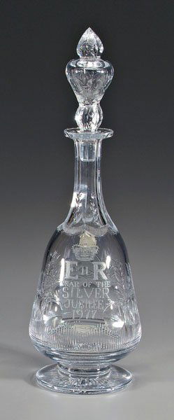 Thomas Webb commemorative decanter,: intaglio cut and engraved glass, crown with "ER II Year of the Silver Jubilee 1977", "No. 16" etched verso, base marked "Thos Webb England", 15 in., original box with felt lining. Decanter in excellen