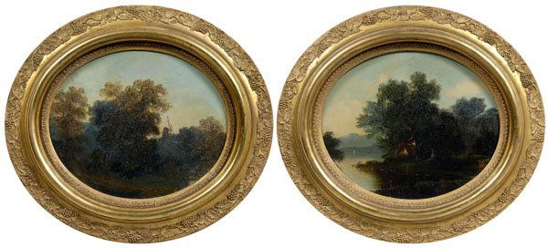 Pair British School paintings: landscapes, one with cottage by water, one with windmill, unsigned, oil on fiber board, 10 x 12 in.; original matching gilt wood and composition oval frames with grape decoration. Both with retouch in