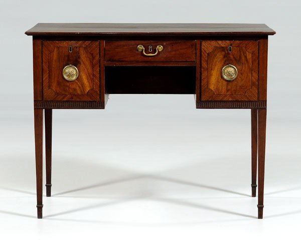 Hepplewhite inlaid writing desk,: figured mahogany veneers, molded top over three finely dovetailed drawers with cherry linings, probably original brass pulls, tapered square legs, British, early 19th century, 30-1/2 x 39-3/4 x 20-1/2