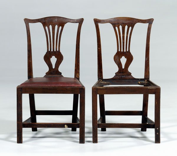 Pair Chippendale mahogany side chairs:: each with shaped crest and pierced splat, square legs with stretchers, British, late 18th century, 36-1/4 x 19 x 19-1/2 in. One chair lacking slip seat and legs ended out, some seat blocks replaced, o