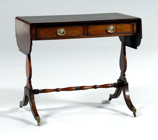 Regency style diminutive sofa table,: inlaid mahogany, two dovetailed drawers flanked by urn inlay, British, late 19th/early 20th century, 27-1/2 x 32 (opens to 49 in.) x 17 in. Generally good condition, minor edge chips and other scatter