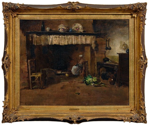 M.J. Clarke painting,: interior with figure seated in chair at hearth, signed lower left "M.J. Clarke", European, late 19th/early 20th century, 22-1/4 x 28 in.; early 20th century gilt wood and composition frame. Restretche