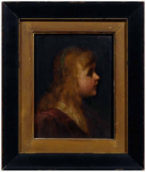 Painting signed "G. Coulon",: profile portrait of a young girl, label attached verso with attribution to George David Coulon, older label with "…Brown(?)", New Orleans, Louisiana, oil on panel, American School, late 19th/early 2