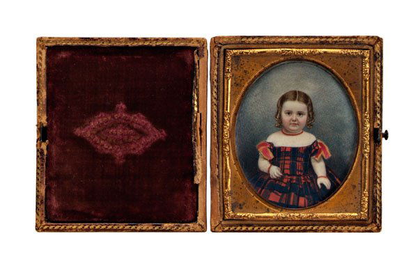 Miniature portrait of child,: child wearing plaid dress, coral necklace and bracelets, circa 1860, unsigned, watercolor on ivory, American or British School, 19th century, 2-3/4 x 2-1/4 in.; tooled leather daguerreotype case. Flak