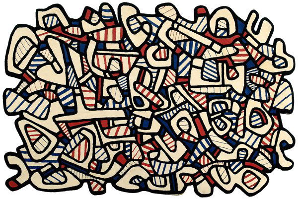 Jean Dubuffet "Tapis",: wool-pile carpet weave, abstract design, produced by Gloria F. Ross Tapestry after Jean Dubuffet design, label verso for "Edward Fields Factories, Long Island, New York", thought to be from an edition
