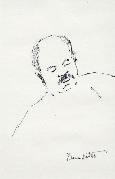 Tony "Benedetto" Bennett drawing: (New York, born 1926), portrait of a bald man, signed "Benedetto", ink on paper, 7-1/2 x 5 in.; black metal frame. Frame with abrasions. Provenance: Estate of Budd Gourman, set director at CBS for 30 