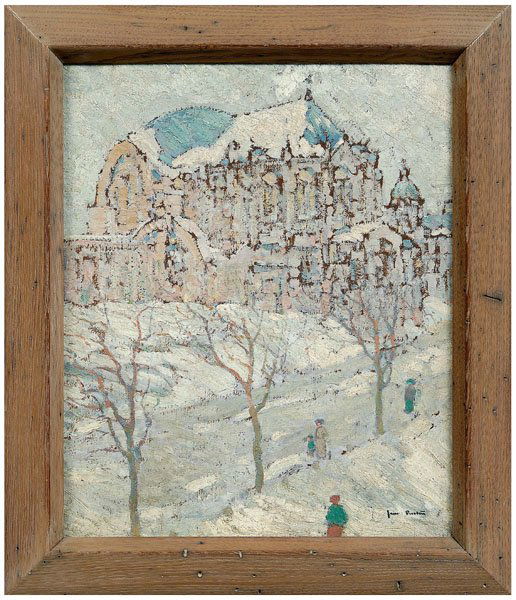 James Moore Preston painting: (Pennsylvania, 1873-1962), church in a snowy landscape, circa 1910, signed lower right "James Preston", oil on artist board, 16-1/8 x 13-3/8 in.; pickled chestnut frame with "Winston Dibble…N.J." la