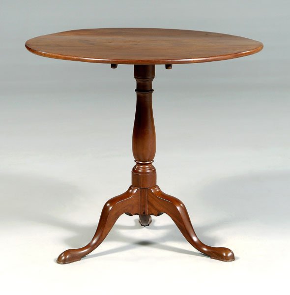 Charleston Queen Anne tea table,: mahogany with highly figured single-board top tilting over ring-and-baluster turned support on tripod base with slipper feet, Charleston, South Carolina or British, 18th century, 29 x 31-1/2 x 31-1/4 