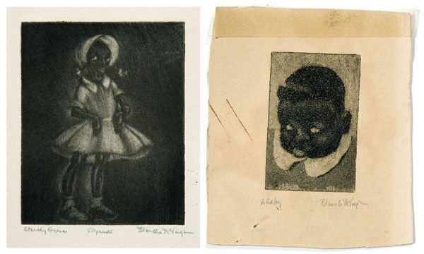 Two Blanche McVeigh aquatints: (Texas, 1895-1970): "Starchy Dress", edition of 50, plate 3-3/4 x 3-1/8 in., page 7-5/16 x 5-7/8 in., [abrasion in lower margin;] "A Baby", plate 2-1/16 x 1-3/8 in., page 3-5/8 x 3 in., [tacked down a